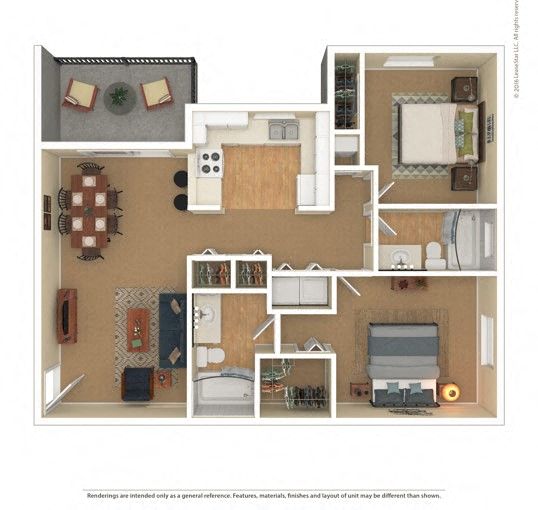 Floor plan for 2 beds, 2 baths, 1250 sqft